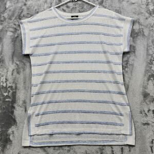 Bobeau Top Womens M White‎ Blue Gray Striped Short Sleeve High Low Hem Pullover